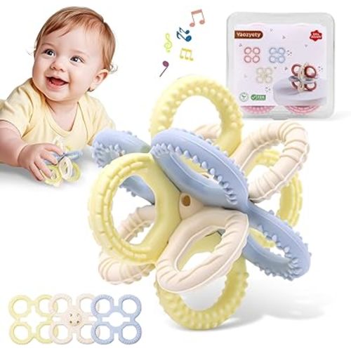 Baby Teething Toys 3 in 1 Silicone Teethers - BPA Free Food Grade Silicone Teething Ring Rattle Toys for Babies 3-6 Months 6-12 Months, Soft & Easy Hold, Baby Chew Toy for Toddlers (Yellow)