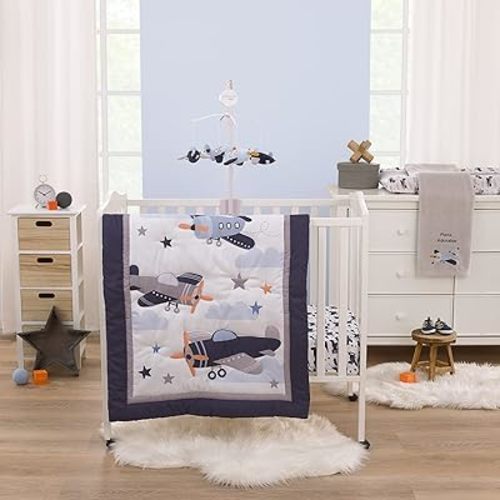 NOJO Little Love Soar High Little One Navy, Light Blue, Orange, and White Airplanes, Clouds, and Stars 3 Piece Nursery Mini Crib Bedding Set - Comforter, and Two Fitted Mini Crib Sheets