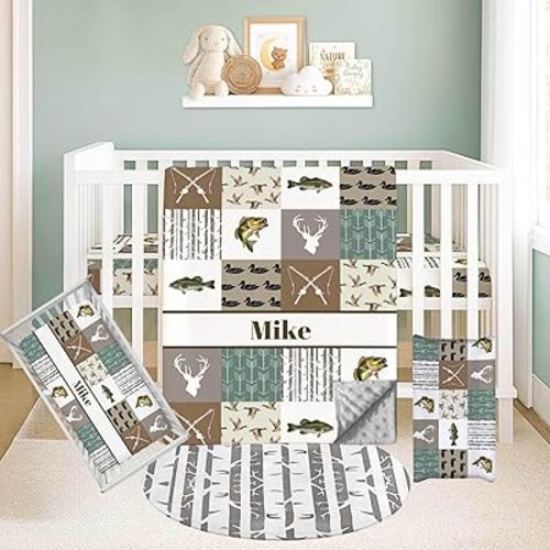 Personalized Baby Crib Bedding Set – Custom Name 3-Piece Nursery Set Including Blanket, Fitted Crib Sheet & Changing Pad Cover – Ideal Newborn Gift for Boys, Hunting Theme