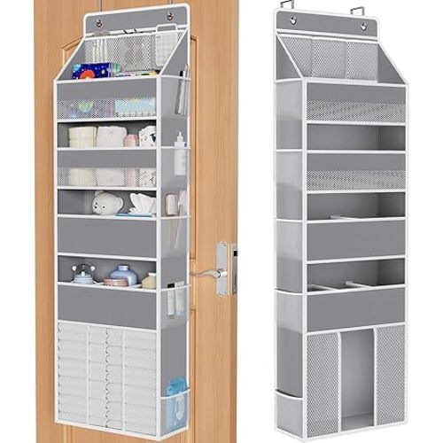 WISELIFE 5-Tier Over the Door Organizer for Hanging - 50LB Heavy-Duty Back of Door Organizer with 5 Spacious Pockets & 13 Mesh Pockets, Multipurpose Storage for Nursery, Bedroom, Closet(1 Pack, Gray)