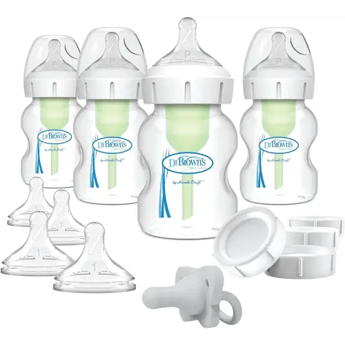 Dr. Brown's Anti-Colic Wide-Neck Feeding Set with Slow Flow Nipples, Travel Caps & Silicone Pacifier