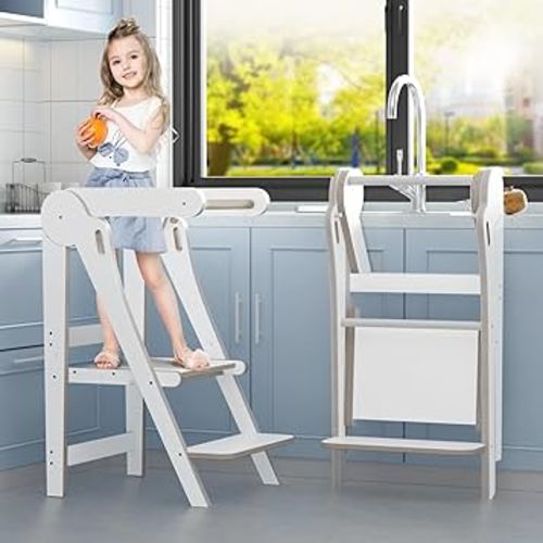 Learning Step Stool Toddler Tower, Folding Toddler Kitchen Step Stool Tower - Montessori Eco-Friendly Learning Step Stool for Learning and Cooking, Safe and Sturdy Kids Step Stool Helper