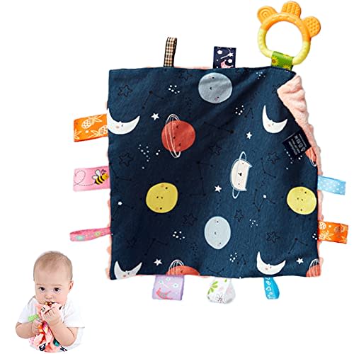 HECCEI Baby Tags Security Blankets - Baby Soothing Plush Blanket with Colorful Tags, Square Sensory Toys, 10 x 10 inches, for 3-12 Months Babies