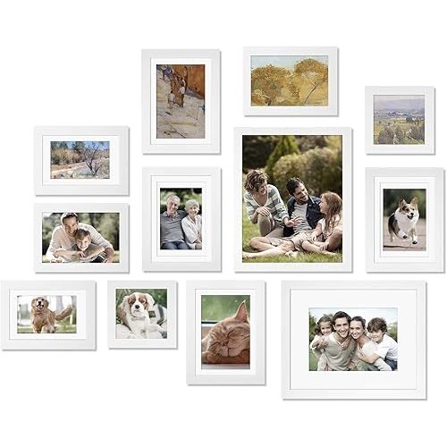 Egofine Picture Frame Set 12 Pack, Picture Frames Collage Wall Decor with Two 8x10, Four 5x7, Four 4x6, Two 4x4, Photo Frames for Wall and Tabletop, Made of Solid Wood, Covered by Plexiglass, White