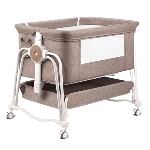 4 In 1 Baby Bassinet Bedside Sleeper, Rocking Bassinet for Baby, Bedside Sleeper with Wheels, Storage, Mosquito Net and matress included, 7 Level Adjustable Bedside Bassinet for Newborn Baby(Khaki)