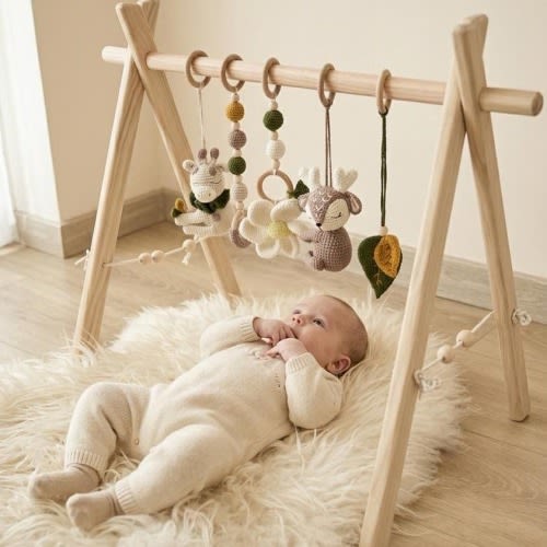 Wooden Baby Play Gym - Baby Montessori play toys, Hanging Crochet toys