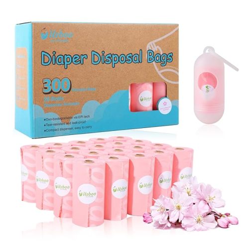 Disposable Diaper Bags for Baby - 20 Refill Rolls (300 Pack), Disposable Trash Bag with Dispenser - Cherry Blossom Scented, Pink, Ideal for Diaper Dispoal
