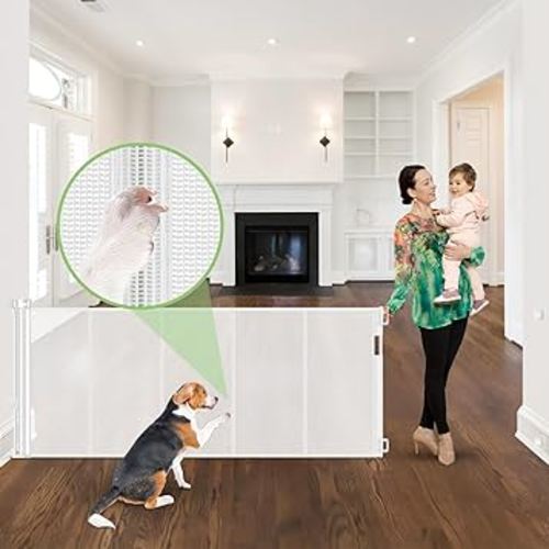 Reinforced 96" Wide Retractable Baby Gates Extra Wide Dog Gate with Support Rods - Prevent Crawling Under, Retractable Dog Gate Indoor Outdoor Retractable Gate Wide Baby Gates for Large Openings,White