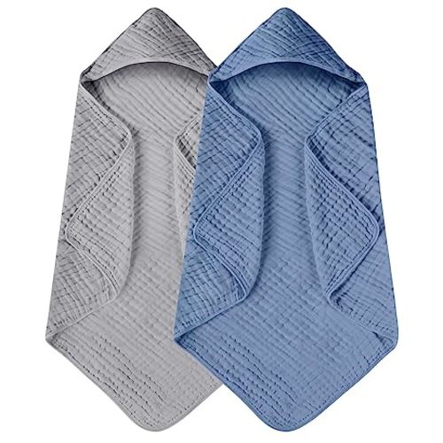Yoofoss Hooded Baby Towels for Newborn 2 Pack 100% Muslin Cotton Baby Bath Towel with Hood for Babies, Infant, Toddler and Kids, Large 32x32Inch, Soft and Absorbent Newborn Essential - Grey and Dark Blue