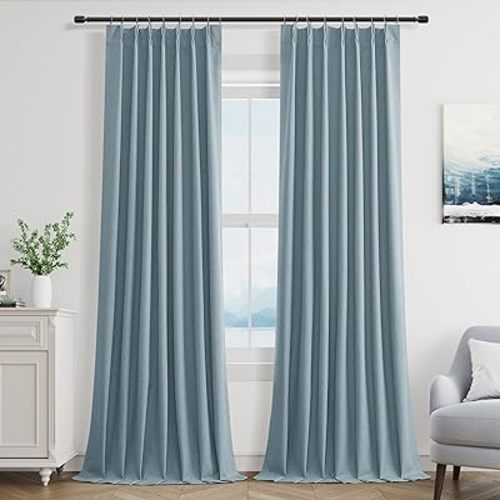 Blue Linen Blackout Curtains 108 Inch Length 2 Panels Set for Living Room Bedroom, Pinch Pleated Thermal Insulated 100% Black Out Curtains with Hooks, Room Darkening Back Tab Drapes Dusty Blue