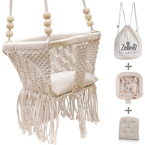 Organic Macrame Baby Swing Chair with Cushion & Portable Canvas Backpack | Boho Baby Swing Outdoor Indoor Infants & Toddler | Hanging Rope Baby Gift | Handmade Crochet Hammock Swing