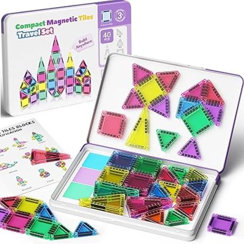 Mini Magnetic Tiles, 40PCS Magnetic Building Blocks with Iron Box, Magnet Toys Travel Size On-The-Go Construction Set STEM Travel Toys for Boys and Girls Ages 3+