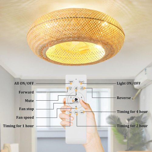 20 Inch Boho Rattan Caged Ceiling Fan with Lights Flush Mount - 4-Light