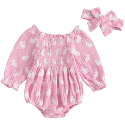 Baby Girls Easter Romper Bunny Print Smocked Long Sleeve Bubble Jumpsuits Cute Headband Set for Toddler Infant