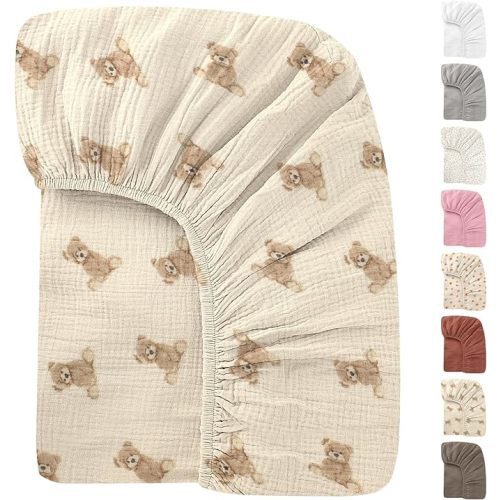 100% Organic Cotton 52x28 Inches Muslin Crib Sheets Fitted Crib Mattress Sheet for Baby Girls & Boys, Soft Boho Neutral Toddler Bedding Bed Sheets Fits Well Standard Size Crib Mattress 28x52 Inches