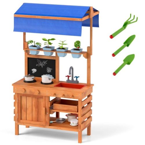 Costway Mud Kitchen Wooden Pretend Play Kitchen with Height Adjustable Canopy