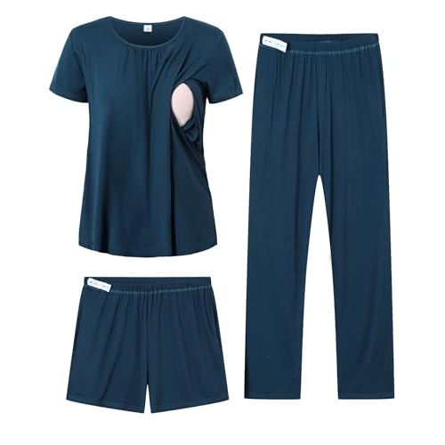 DIKFA 3 Pcs Women Maternity Nursing Pajamas Set Short Sleeve Breastfeeding Shirts Pjs Pregnancy Shorts & Pants Sleepwear