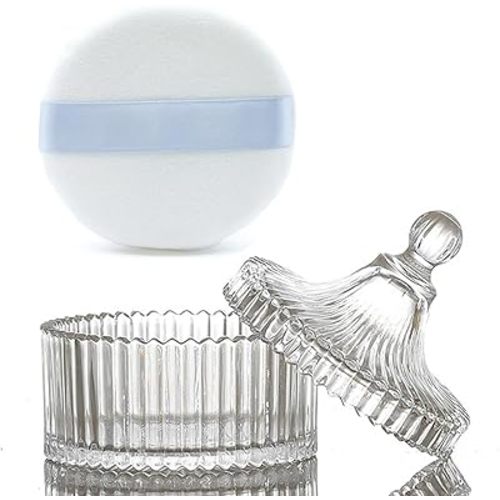 Ultra Soft Powder Puff and Container 3.3" High Density Velvet Dusting Washable Reusable Powder Puff,Body Powder Puff and Glass Jar Holder Loose Powder Box with Puff for Face Makeup(Clear)