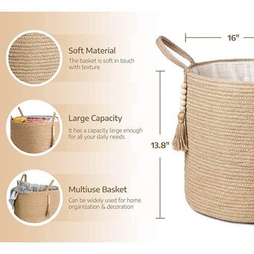 Mkono Woven Storage Basket Decorative Natural Rope Basket Wooden Bead Decoration for Blankets,Toys,Clothes,Shoes,Plant Organizer Bin with Handles Living Room Home Decor, Jute, 16" W × 13.8"L