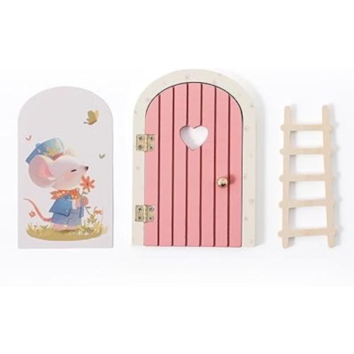 Mamimami Home Pink Wooden Magical Fairy Doors, Elf Mouse Miniature Tiny Door Desk Fairy with Ladder, Tooth Fairy Door Handmade Decorations