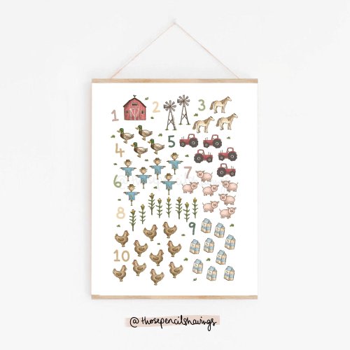 Farm Numbers Print | Illustrated 1-10 Farm Animals | Counting Nursery Poster | Baby Shower Gift | Kids Playroom Kitchen