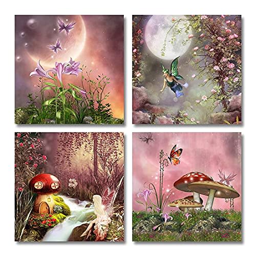 QTESPEII Fantasy Fairy Tale Wall Art 4 Pieces Pink Flowers and Colorful Butterfly Paintings Canvas Prints Modern Poster for Girls Bedroom Nursery Decor Unique Gifts for Daughter 12"x12" per Framed