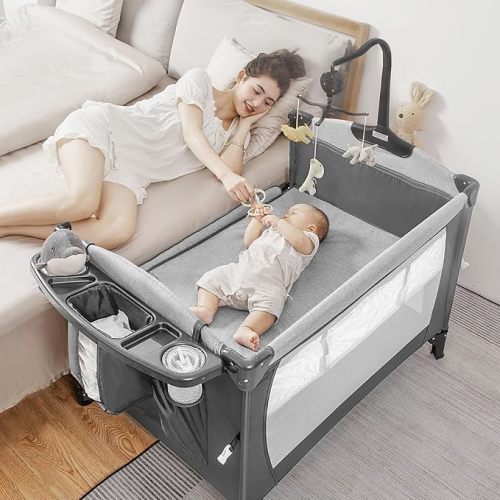 5-in-1 Pack and Play, Baby Bassinet Bedside Sleeper with U-Shaped Diaper Changer, Portable Playard for Newborns to Toddlers, Adjustable Height Crib, Carry Bag, Easy to Install (Grey)