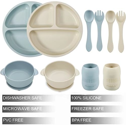 PandaEar Silicone Baby Feeding Set| 2 Divided Suction Plate + 2 Suction Bowl + 2 Tiny Cup with 2 Spoons| Baby Led Weaning Supplies Self Feeding Utensils