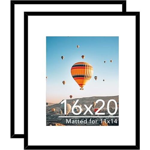 16x20 Picture Frame Set of 2 with 11x14 Mat, Display Photo 11x14 with Mat or 16 x 20 Without Mat, Wall Hanging Large 16 by 20 Poster Frame with Plexiglass, 2 Pack, Black