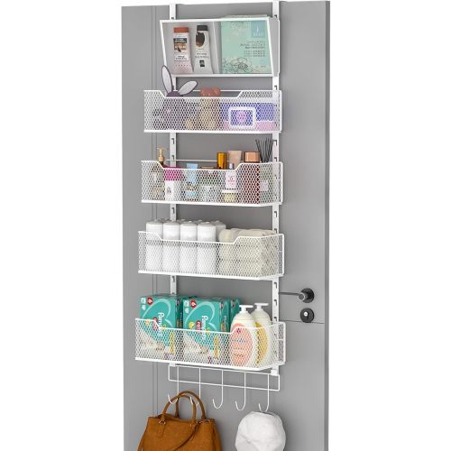 Adjustable Over The Door Organizer, Hanging Door Storage with PVC Pocket and 4 Metal Baskets Wall Mount, Behind Door Rack for Bathroom Pantry Cabinet Bedroom Closet, White