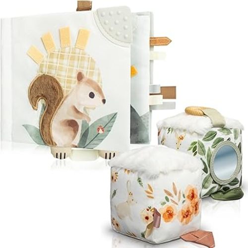 ZICOTO Soft Toy Baby Book and Toy Block Bundle - Cute Sensory Toys for Babies 0-3 and 0-6 Months