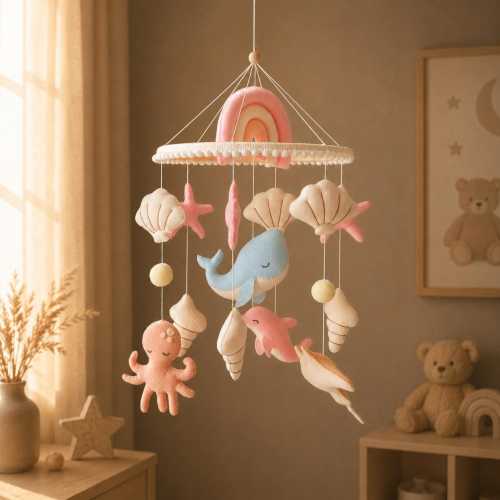 Handmade Felt Ocean Baby Mobile, Whale Dolphin Octopus Nursery Crib Decor