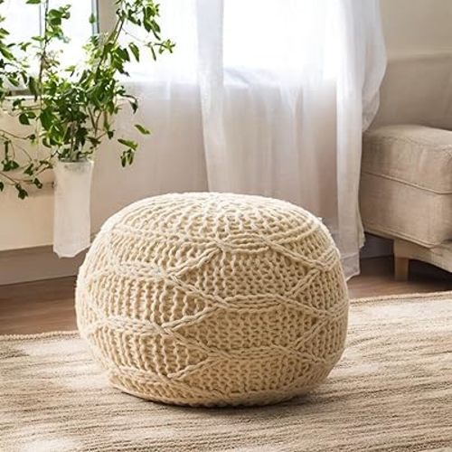 Wool Handcrafted Design Round Pouf Ottoman, Unique Decor Knit Weave Foot Rest for Couch, No Assembly Pouf Ottoman, Cream White