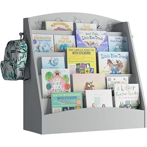 5-Tier Kids Bookshelf Montessori Toddler Book Rack Baby Bookcase Floor Front Facing Magazine Display Shelf for Bedroom Playroom Nursery Classroom Kindergarten Wood (Gray)