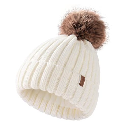 FURTALK Kids Winter Hat Toddler Knitted Pom Beanie Hat Cotton Lined Faux Fur Pom Pom Cap Baby Girls Boys Beanies