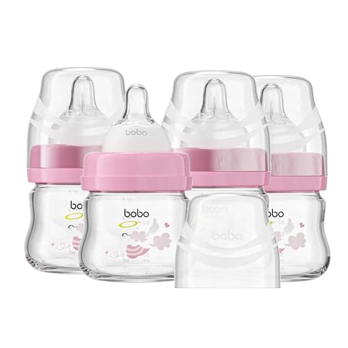 YOHKOH Glass Baby Bottles with Slow Flow Nipple, Newborn Anti-Colic Baby Bottles for 0+ Months, Wide Neck Feeding Bottle, Clear (Red, 2.7oz (Pack of 4))