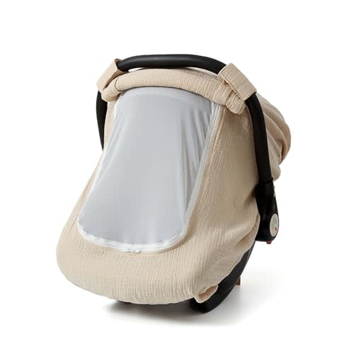 Muslin Cotton Baby Car Seat Cover for Boys and Girls, Summer Baby Car Seat Covers Infant Car Seat Canopy with Breathable Mesh Window Windproof Carseat Cover for Babies (Khaki)