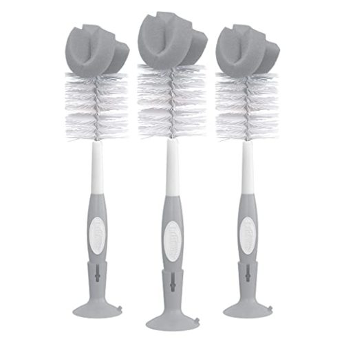 Dr. Brown's Reusable Sponge Baby Bottle Cleaning Brush Set with Suction Cup Stand, Scrubber and Nipple Cleaner, Gray, 3 Pack