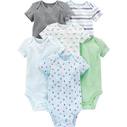 Simple Joys by Carter's baby-boys 6-pack Short-sleeve Bodysuit - 3-6 Months - Multicolor/Dinosaur/Sports/Stripe