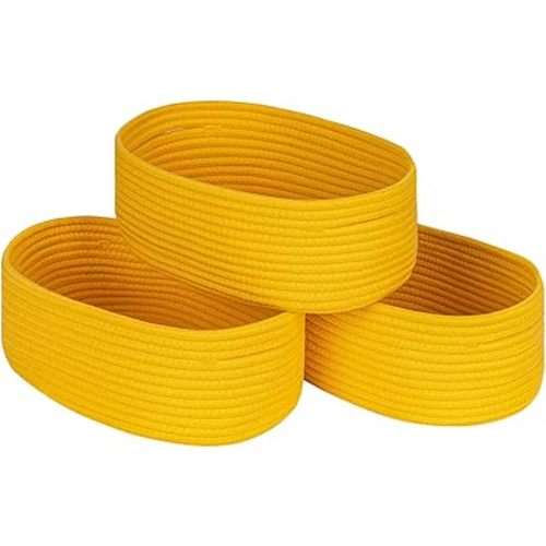Shelf Storage Baskets for Organizing|Decorative Basket for Closet Storage|Toy Baskets&Bins|Small Woven Rope Baskets-13x8.66x5.11’’,Durable&Stylish,Oval 3 Packs Yellow
