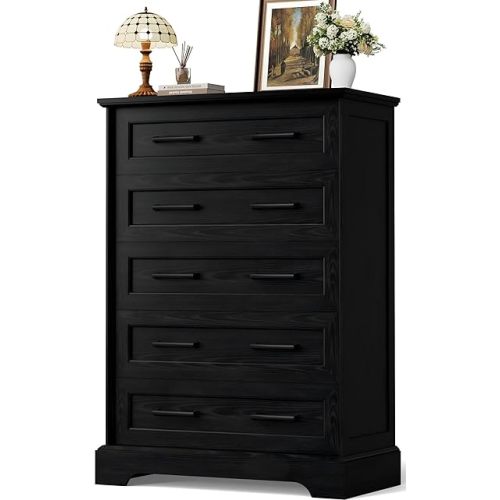 YESHOMY Tall Dresser for Bedroom,Farmhouse 5 Drawers Dresser, Chest of Drawer Chest, Multi-Tier Clothing Storage Cabinet, Black