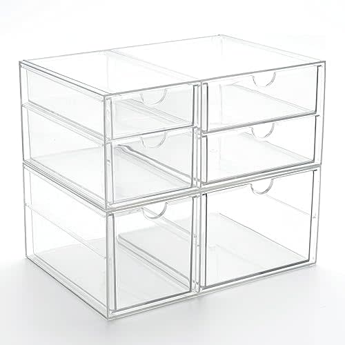 Prsildan Acrylic Drawer Makeup Organizer with 6 Drawers, Set of 2 Office Desk Organizers Accessories, Clear Stackable Storage Drawers for Vanity, Craft, Not for Baby Bottle (Largest Drawer 4" Tall)