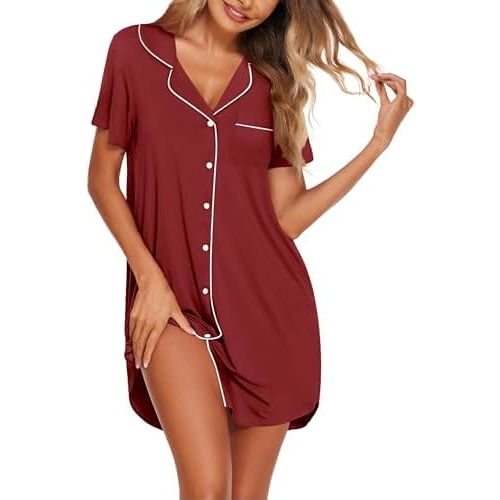 Ekouaer Womens Nightgown Button Down Night Gowns Short Sleeve Sleepshirt V Neck Nightshirt Soft Sleepwear S-XXL