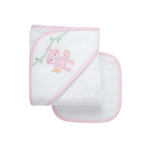 Monkey Applique Hooded Towel & Washcloth Set, Pink