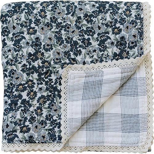Mebie Baby Quilt, Liberty Floral and Coastal Plaid, 100% Cotton Muslin Baby Blanket for Girls & Boys, Newborns to Toddler, Soft Swaddle Blankets, 47"x47"