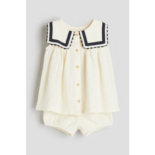 2-piece Muslin Dress and Bloomers Set, Cream/navy blue