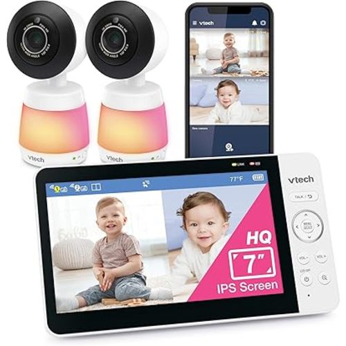 VTech 2-Cameras Smart WiFi Baby Monitor with 1080p FHD Video, Free App with Motion Video, Sound/Motion Detection and Notifications, 7" IPS Display with Split-Screen, Pan-Tilt-Zoom: Smart HQ Max Twin
