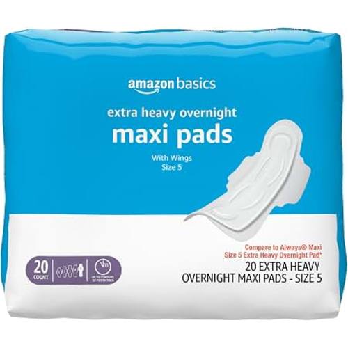 Amazon.com: Amazon Basics Thick Maxi Pads with Wings for Periods, Extra Heavy Overnight Absorbency, Absorbent Core, Stay in Place Protection, Unscented, Size 5, 20 Count (Previously Solimo)