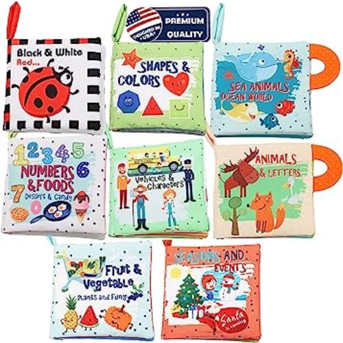 Baby Books Toys Gifts, Touch and Feel Cloth Crinkle Books for Babies,Infant Toddler Baby 0-3-6-12-18 Months,Early Learning Toys 6 to 12 Months 1-2 Years Old,Christmas Shower Gift for Boys Girls,8 PCS