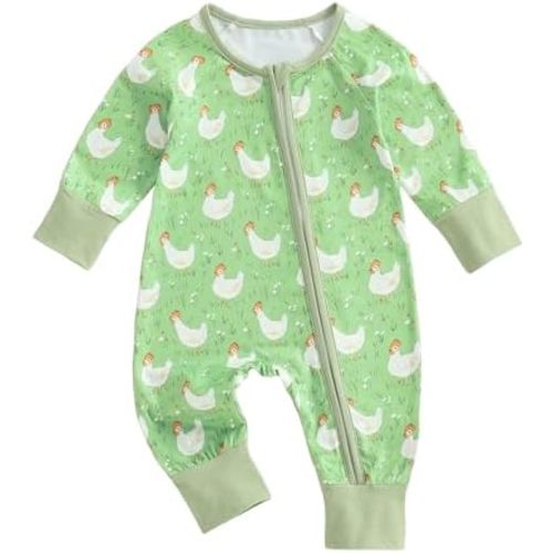 Baby Girl Boy Fall Outfit Farm Outfit Chicken Print Long Sleeve Bubble Romper Zipper Onesie Overalls Country Clothes
